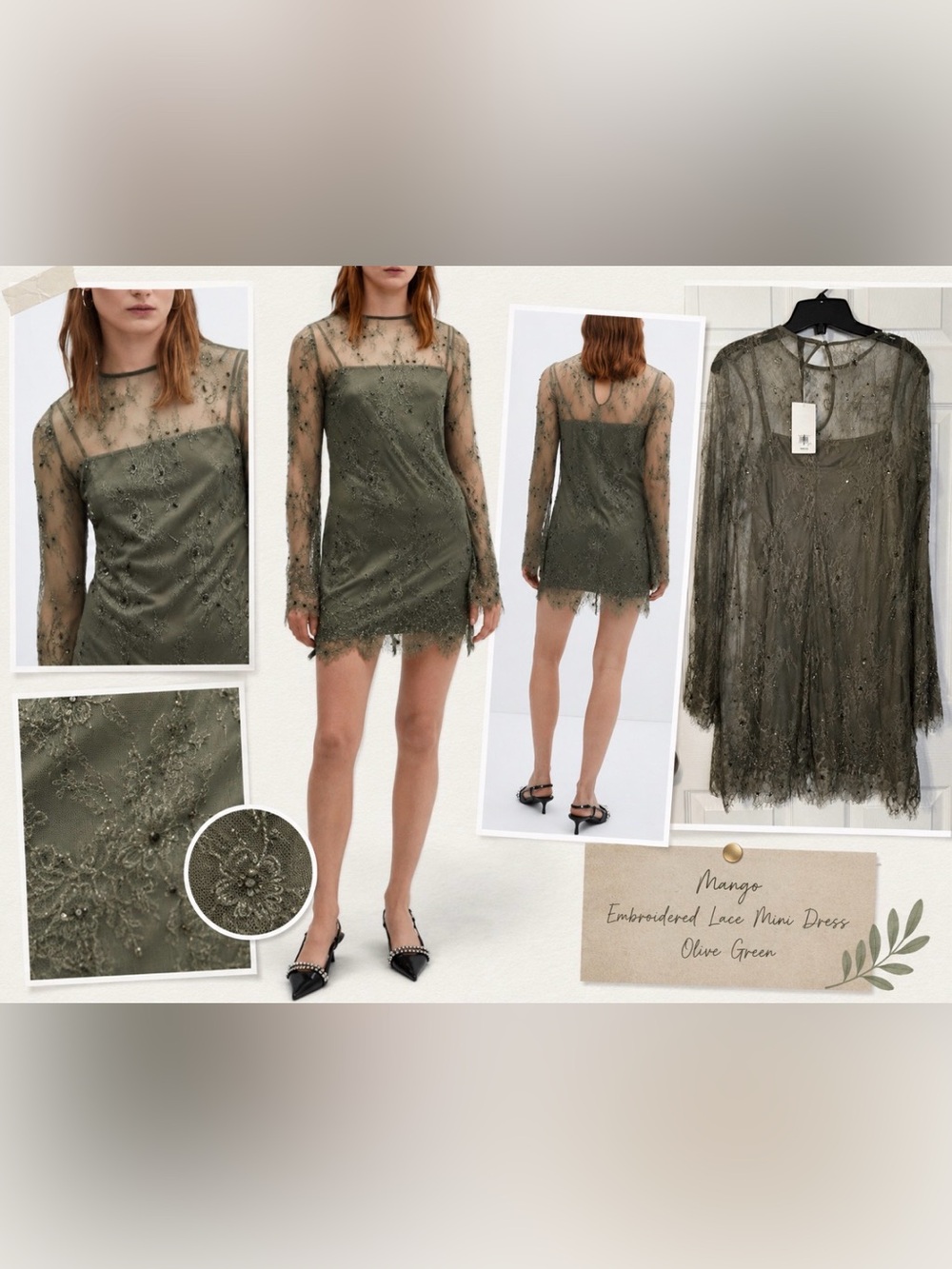 Mango Green Long Sleeve Lace Sequin Bead Dress L Large Olive Green $159 NEW